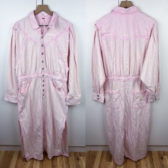 Free People Mad Love Denim Midi Dress Quartz Pink NEW Size XL Cotton Long Sleeve - Picture 2 of 7